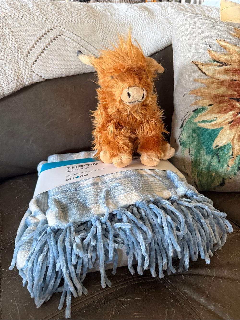 Living Nature Highland Cow w/Plush Light Blue Plaid Fringe Throw Blanket NWT